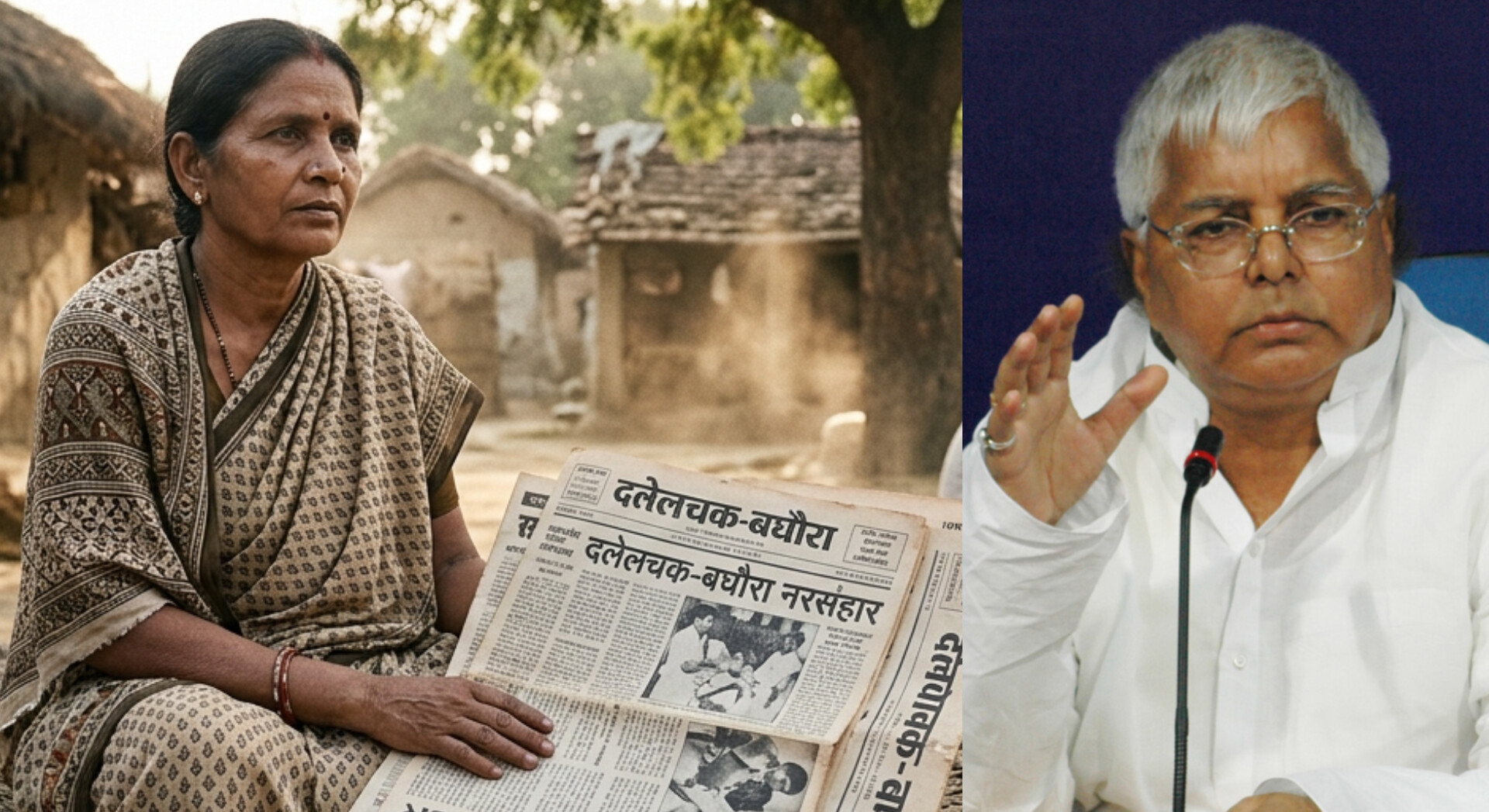 Aftermath of the 1987 Dalelchak-Baghaura massacre in Bihar, India. A local woman holds news archives. In the foreground, an old newspaper headline reads "दलेलचक-बघौरा नरसंहार"